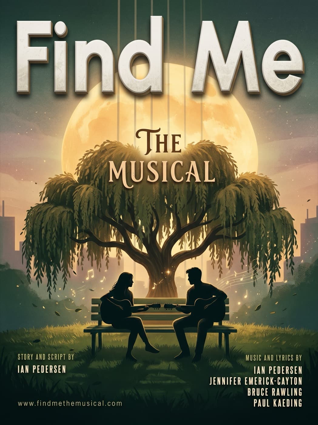 Find Me poster: two silhouetted guitarists face each other on a park bench beneath a willow tree and a glowing full moon.